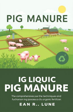 A comprehensive book cover design showcasing the techniques and benefits of processing pig manure into liquid organic fertilizer