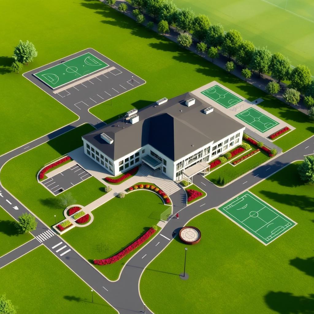 A detailed architectural design concept for a boarding school, featuring a modern building with large windows and an inviting entrance