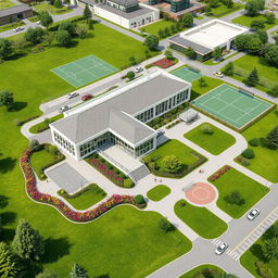 A detailed architectural design concept for a boarding school, featuring a modern building with large windows and an inviting entrance