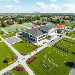A detailed architectural design concept for a boarding school, featuring a modern building with large windows and an inviting entrance
