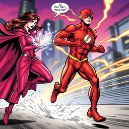 A dramatic comic book scene depicting the Scarlet Witch using her powerful magic to stop The Flash in mid-run