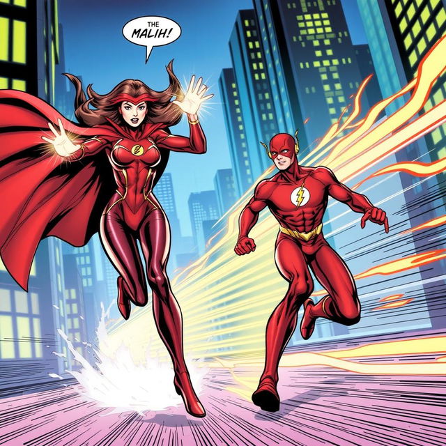 A dramatic comic book scene depicting the Scarlet Witch using her powerful magic to stop The Flash in mid-run