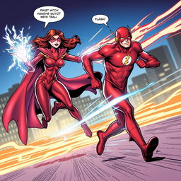 A dramatic comic book scene depicting the Scarlet Witch using her powerful magic to stop The Flash in mid-run