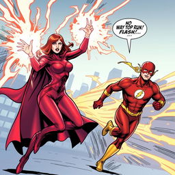 A dramatic comic book scene depicting the Scarlet Witch using her powerful magic to stop The Flash in mid-run