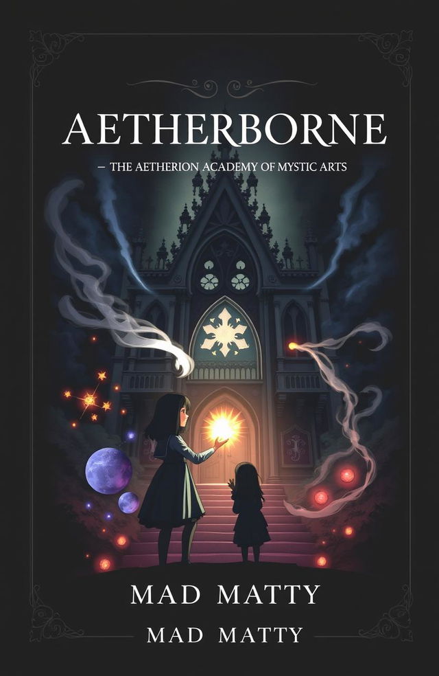 A book cover design featuring the title 'AETHERBORNE' prominently at the top in an elegant, bold font