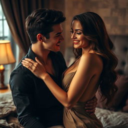An intimate scene depicting a passionate moment between a couple, featuring a stylish young man and a beautiful woman