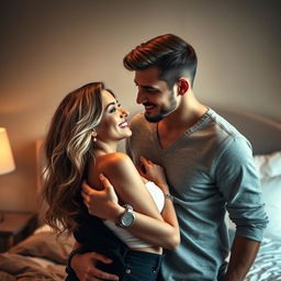 An intimate scene depicting a passionate moment between a couple, featuring a stylish young man and a beautiful woman