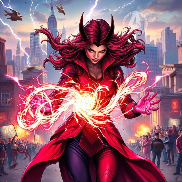 A powerful depiction of the Scarlet Witch casting chaos magic, creating swirling sparks of energy around her hands