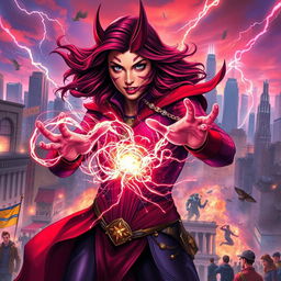 A powerful depiction of the Scarlet Witch casting chaos magic, creating swirling sparks of energy around her hands