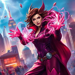 A powerful depiction of the Scarlet Witch casting chaos magic, creating swirling sparks of energy around her hands