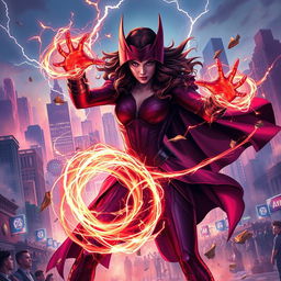 A powerful depiction of the Scarlet Witch casting chaos magic, creating swirling sparks of energy around her hands