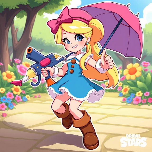 A dynamic and colorful illustration of Piper from Brawl Stars, showcasing her signature style