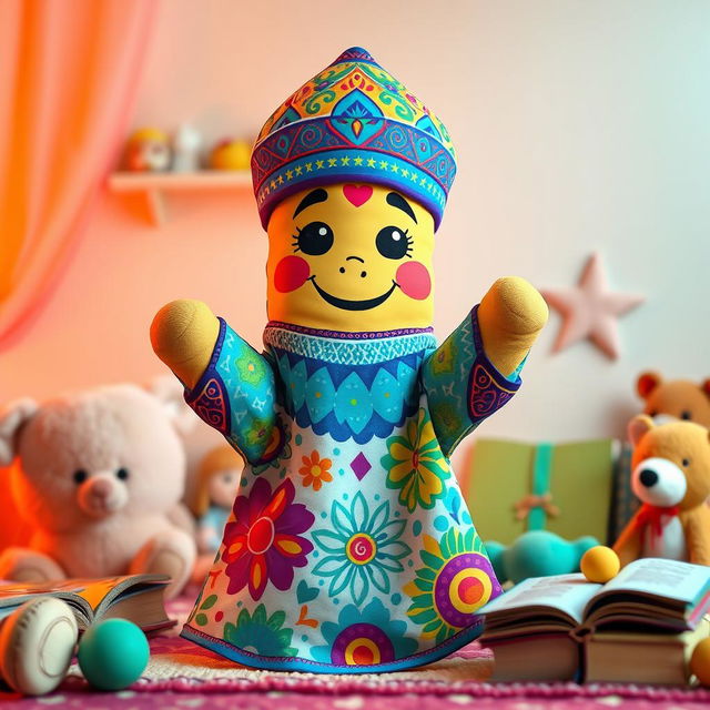 A vibrant, oversized depiction of a colorful cartoon finger puppet, inspired by traditional Arabic designs, showcasing intricate patterns and lively colors