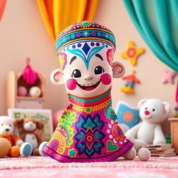 A vibrant, oversized depiction of a colorful cartoon finger puppet, inspired by traditional Arabic designs, showcasing intricate patterns and lively colors