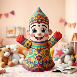 A vibrant, oversized depiction of a colorful cartoon finger puppet, inspired by traditional Arabic designs, showcasing intricate patterns and lively colors