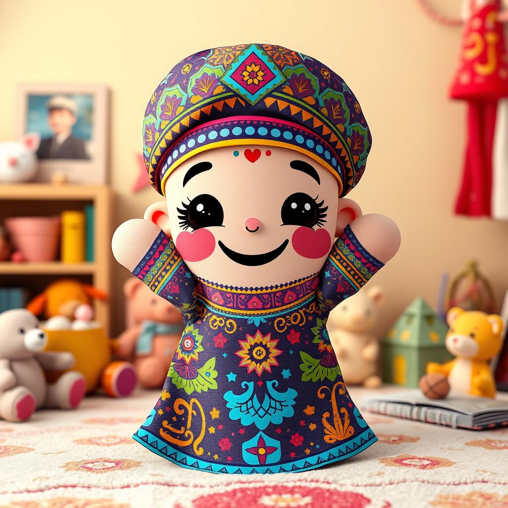 A vibrant, oversized depiction of a colorful cartoon finger puppet, inspired by traditional Arabic designs, showcasing intricate patterns and lively colors