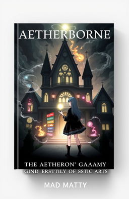 A fantasy book cover titled 'AETHERBORNE' prominently placed at the top with a smaller subtitle 'THE AETHERION ACADEMY OF MYSTIC ARTS' and a tagline 'MAD MATTY' at the bottom
