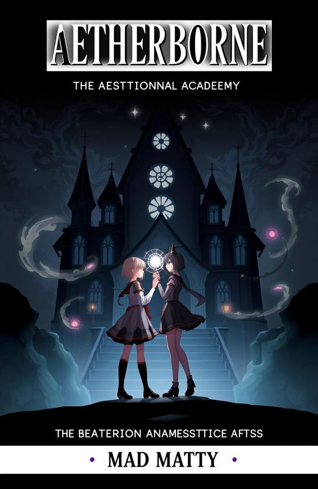 A fantasy book cover titled 'AETHERBORNE' prominently placed at the top with a smaller subtitle 'THE AETHERION ACADEMY OF MYSTIC ARTS' and a tagline 'MAD MATTY' at the bottom