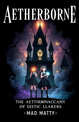 A fantasy book cover titled 'AETHERBORNE' prominently placed at the top with a smaller subtitle 'THE AETHERION ACADEMY OF MYSTIC ARTS' and a tagline 'MAD MATTY' at the bottom