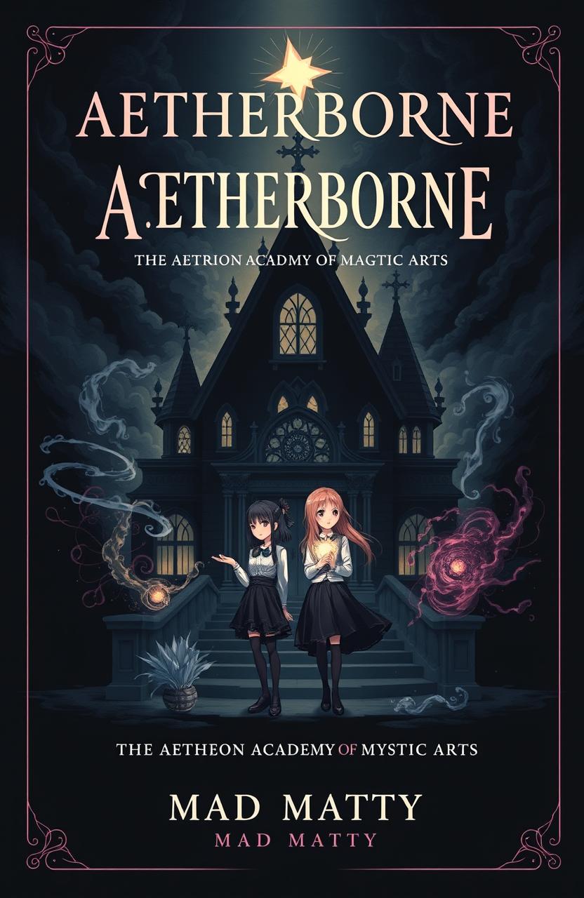 A fantasy book cover titled 'AETHERBORNE' prominently placed at the top with a smaller subtitle 'THE AETHERION ACADEMY OF MYSTIC ARTS' and a tagline 'MAD MATTY' at the bottom