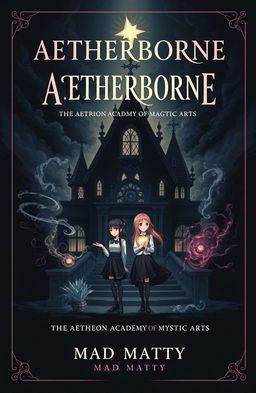 A fantasy book cover titled 'AETHERBORNE' prominently placed at the top with a smaller subtitle 'THE AETHERION ACADEMY OF MYSTIC ARTS' and a tagline 'MAD MATTY' at the bottom