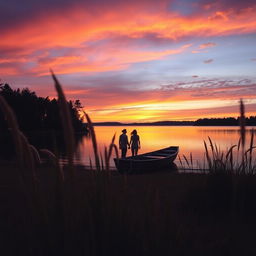 A beautiful sunset over a serene lake, with vibrant colors reflecting off the water