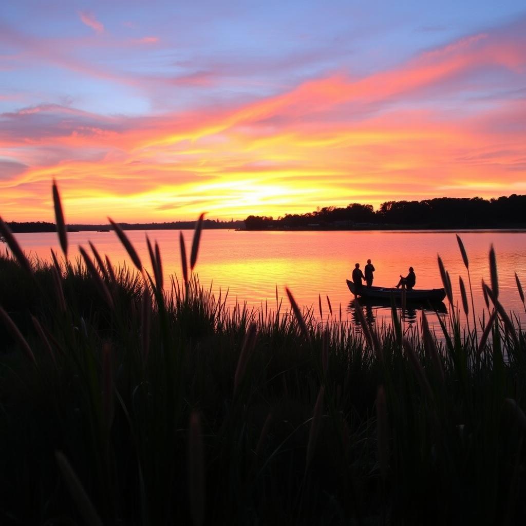 A beautiful sunset over a serene lake, with vibrant colors reflecting off the water