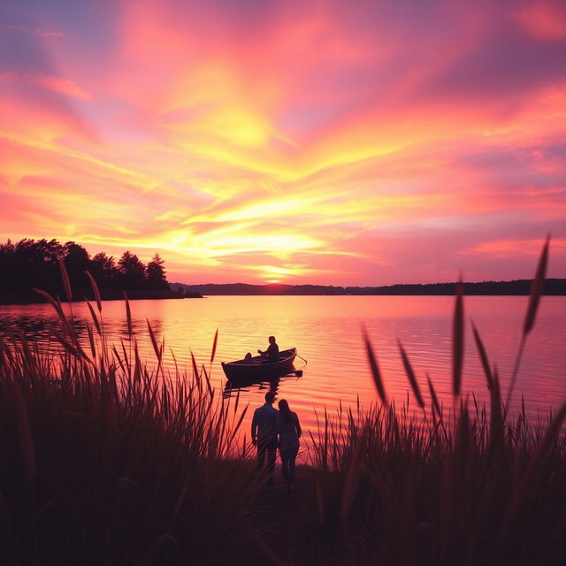 A beautiful sunset over a serene lake, with vibrant colors reflecting off the water