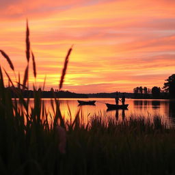 A beautiful sunset over a serene lake, with vibrant colors reflecting off the water