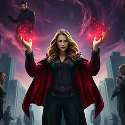 A powerful and dramatic scene depicting Elizabeth Olsen as the Scarlet Witch, surrounded by a dark, mystical atmosphere in a cityscape