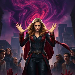 A powerful and dramatic scene depicting Elizabeth Olsen as the Scarlet Witch, surrounded by a dark, mystical atmosphere in a cityscape