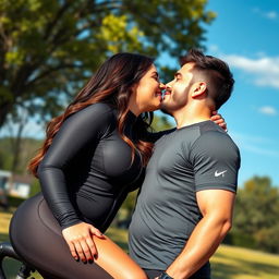 A sexy scene of a curvy girl with big breasts and a big ass, wearing tight biking gear, passionately kissing a handsome boy