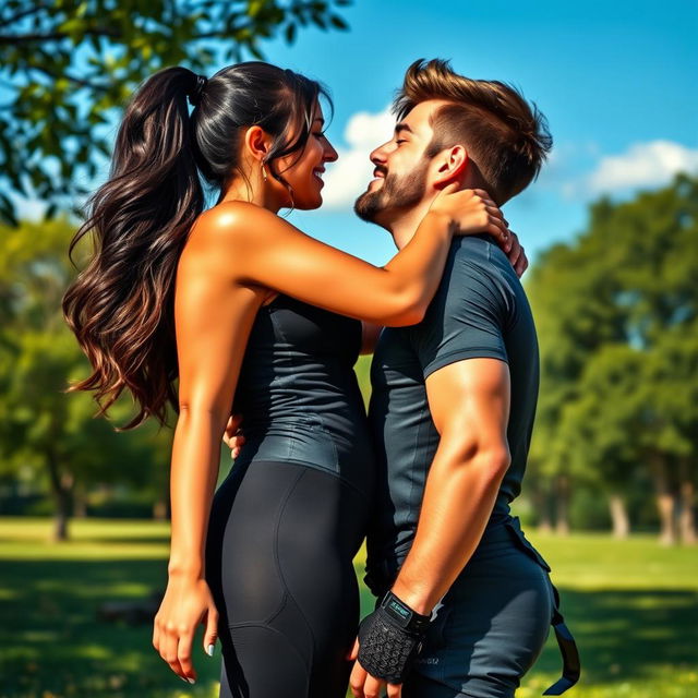 A sexy scene of a curvy girl with big breasts and a big ass, wearing tight biking gear, passionately kissing a handsome boy