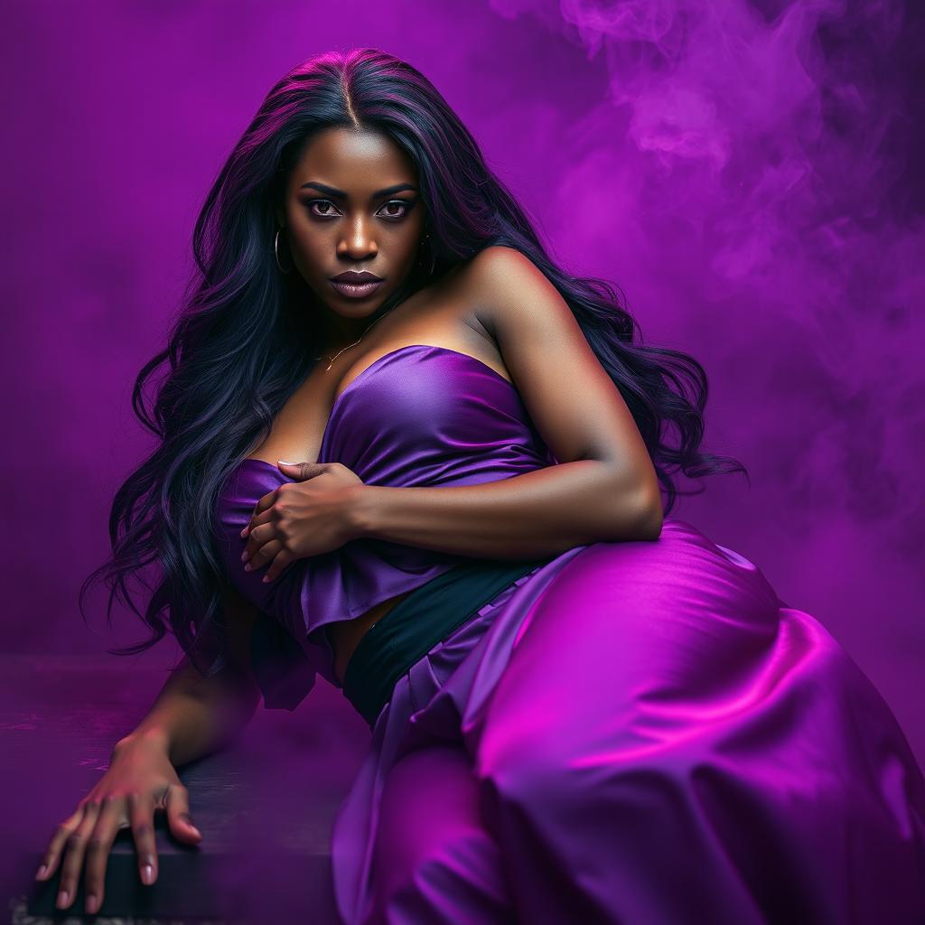 A captivating scene featuring an African beautiful maiden with mesmerizing red eyes and long purple-blue locks, elegantly dressed in a flowing silk dress