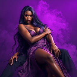 A captivating scene featuring an African beautiful maiden with mesmerizing red eyes and long purple-blue locks, elegantly dressed in a flowing silk dress