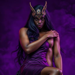 A striking scene depicting an African beautiful maiden with alluring red eyes and long purple-blue locks, elegantly dressed in a luxurious silk dress paired with an intriguing mask