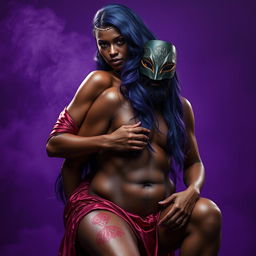 A striking scene depicting an African beautiful maiden with alluring red eyes and long purple-blue locks, elegantly dressed in a luxurious silk dress paired with an intriguing mask