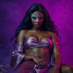 A striking scene featuring an African beautiful maiden with alluring red eyes and long purple-blue locks, elegantly dressed in a flowing silk dress