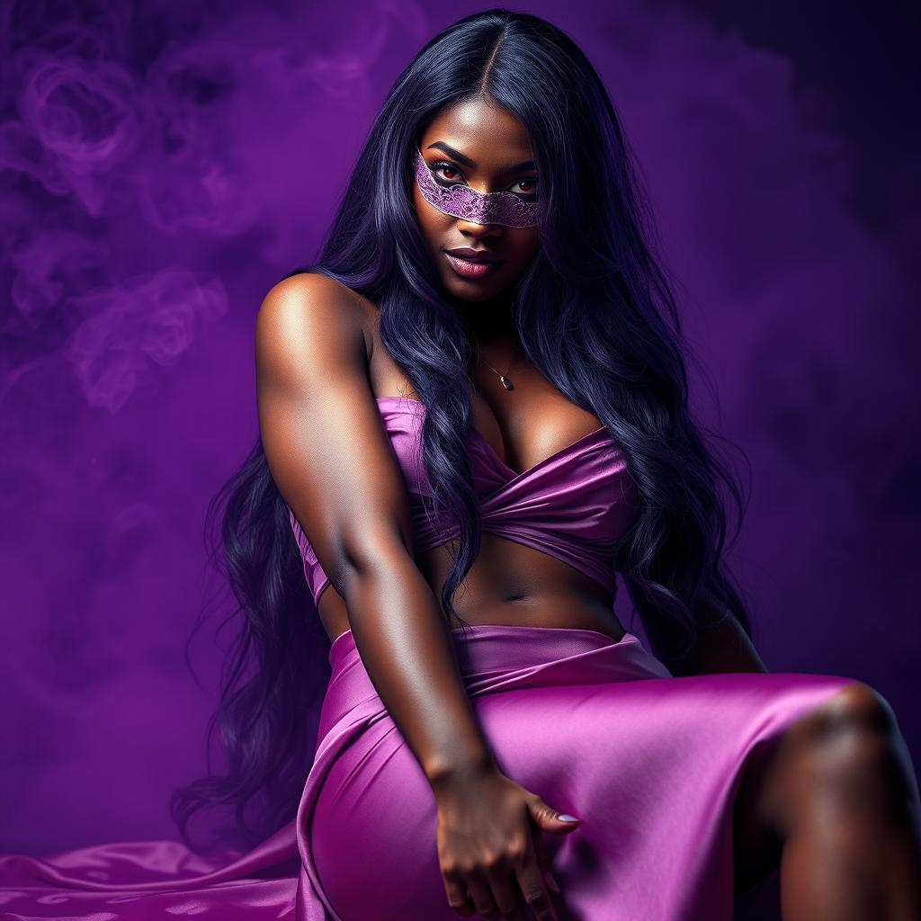 A striking scene featuring an African beautiful maiden with alluring red eyes and long purple-blue locks, elegantly dressed in a flowing silk dress