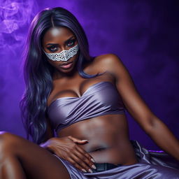 A striking scene featuring an African beautiful maiden with alluring red eyes and long purple-blue locks, elegantly dressed in a flowing silk dress