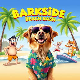 A vibrant and hilarious movie cover featuring a playful golden retriever wearing oversized sunglasses and a colorful Hawaiian shirt
