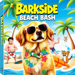 A vibrant and hilarious movie cover featuring a playful golden retriever wearing oversized sunglasses and a colorful Hawaiian shirt