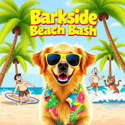 A vibrant and hilarious movie cover featuring a playful golden retriever wearing oversized sunglasses and a colorful Hawaiian shirt