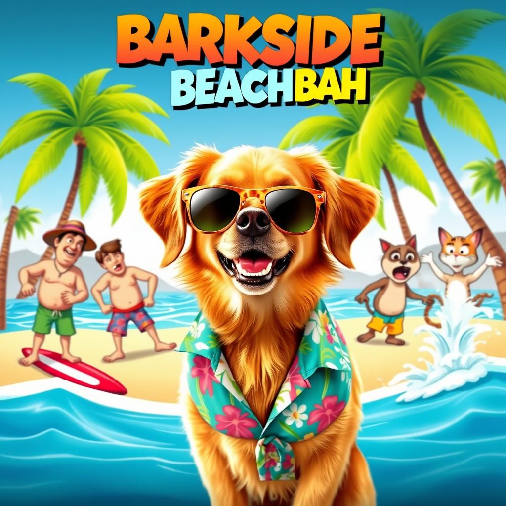 A vibrant and hilarious movie cover featuring a playful golden retriever wearing oversized sunglasses and a colorful Hawaiian shirt
