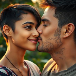 An intimate moment between a short-haired Indian girl and a man sharing a kiss, capturing the tenderness of their connection