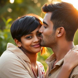 An intimate moment between a short-haired Indian girl and a man sharing a kiss, capturing the tenderness of their connection