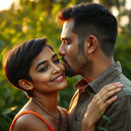 An intimate moment between a short-haired Indian girl and a man sharing a kiss, capturing the tenderness of their connection