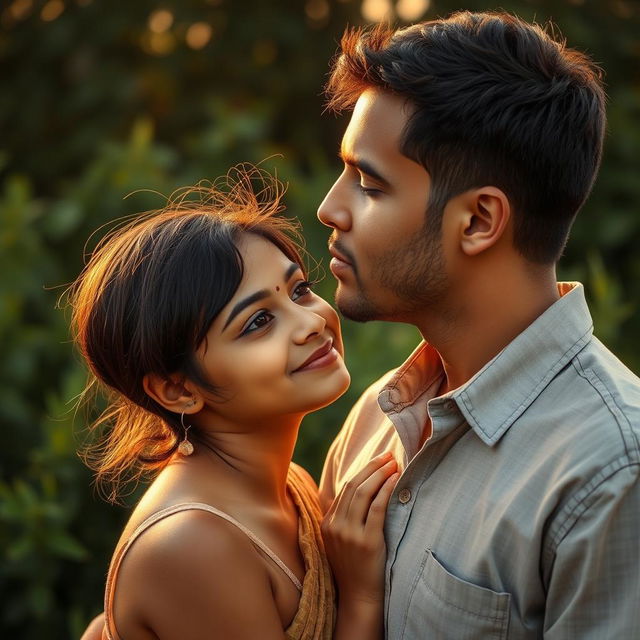 An intimate moment between a short-haired Indian girl and a man sharing a kiss, capturing the tenderness of their connection