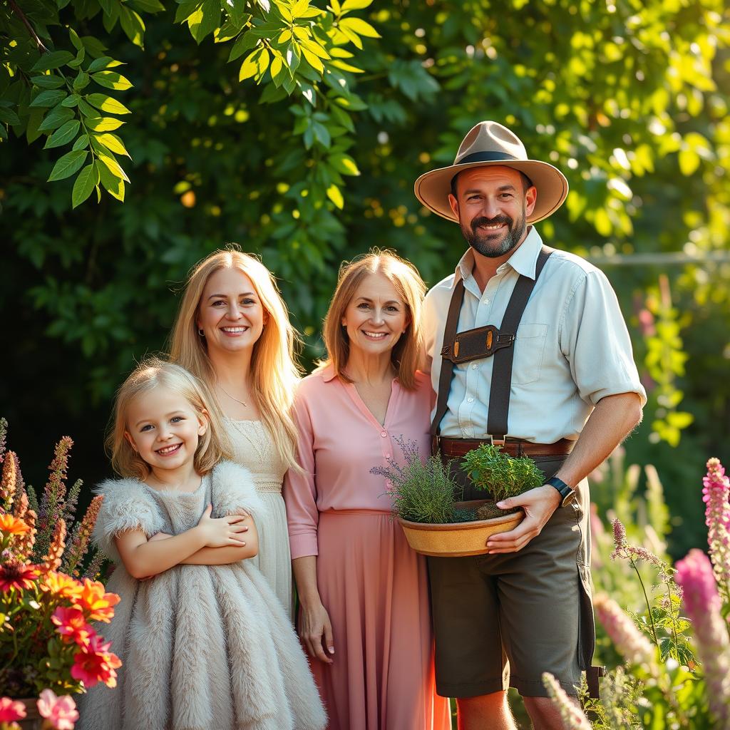 A vibrant scene in Pozuzo featuring an 8-year-old girl with shiny blonde hair wearing a charming fur dress, smiling radiantly beside her parents