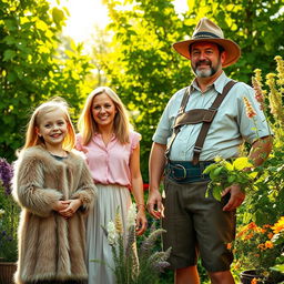 A vibrant scene in Pozuzo featuring an 8-year-old girl with shiny blonde hair wearing a charming fur dress, smiling radiantly beside her parents